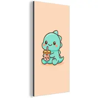 MuchoWow Aluminium schilderij 80x160 cm - Wanddecoratie metaal - Dino - Boba - kawaii - Oranje - Metalen muurdecoratie woonkamer - Decoratie industrieel - Foto op dibond - Industriële accessoires slaapkamer