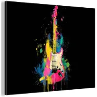 MuchoWow Aluminium schilderij 40x30 cm - Wanddecoratie metaal - Gitaar - Kleurrijk - Verf - Metalen muurdecoratie woonkamer - Decoratie industrieel - Foto op dibond - Industriële accessoires slaapkamer