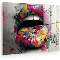 MuchoWow Glasschilderij 80x60 cm - Schilderij acrylglas - Lippen - Graffiti - Expressief - Foto op glas - Muurdecoratie woonkamer - Wanddecoratie slaapkamer - Schilderijen