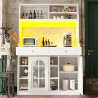 Merax Keukenkast - zijtafel - vitrinekast - eettafelkast met verstelbare planken - eettafelkast met twee lades - hoge kast met LED-verlichting - wit