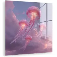 MuchoWow Glasschilderij 90x90 cm - Schilderij acrylglas - Kwallen - Roze - Wolken - Foto op glas - Muurdecoratie woonkamer - Wanddecoratie slaapkamer - Schilderijen