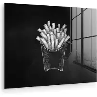 MuchoWow Glasschilderij 160x120 cm - Schilderij acrylglas - Friet - Witte krijttekening - Zwart - Foto op glas - Muurdecoratie woonkamer - Wanddecoratie slaapkamer - Schilderijen