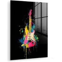 MuchoWow Glasschilderij 30x40 cm - Schilderij acrylglas - Gitaar - Kleurrijk - Verf - Foto op glas - Muurdecoratie woonkamer - Wanddecoratie slaapkamer - Schilderijen