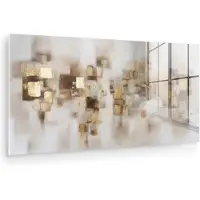 MuchoWow Glasschilderij 40x20 cm - Schilderij acrylglas - Abstracte vierkanten - Aardetonen - Mistig - Foto op glas - Muurdecoratie woonkamer - Wanddecoratie slaapkamer - Schilderijen