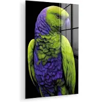 MuchoWow Glasschilderij 100x150 cm - Schilderij acrylglas - Papegaai - Veren - Opvallend - Groen - Foto op glas - Muurdecoratie woonkamer - Wanddecoratie slaapkamer - Schilderijen