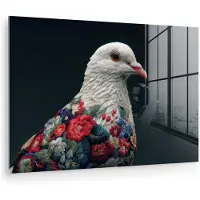 MuchoWow Glasschilderij 30x20 cm - Schilderij acrylglas - Duif - Bloemen - Wit - Zwart - Foto op glas - Muurdecoratie woonkamer - Wanddecoratie slaapkamer - Schilderijen