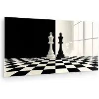MuchoWow Glasschilderij 40x20 cm - Schilderij acrylglas - Schaakstukken - Koning - Geblokt - Zwart - Foto op glas - Muurdecoratie woonkamer - Wanddecoratie slaapkamer - Schilderijen