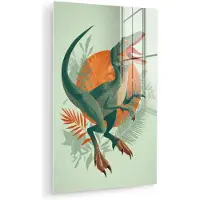 MuchoWow Glasschilderij 20x30 cm - Schilderij acrylglas - Dino - Bladeren - Grafisch - Groen - Foto op glas - Muurdecoratie woonkamer - Wanddecoratie slaapkamer - Schilderijen