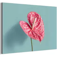 MuchoWow Aluminium schilderij 30x20 cm - Wanddecoratie metaal - Blad - Anthurium - Stippen - Roze - Metalen muurdecoratie woonkamer - Decoratie industrieel - Foto op dibond - Industriële accessoires slaapkamer