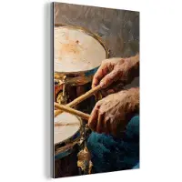 MuchoWow Aluminium schilderij 60x90 cm - Wanddecoratie metaal - Drumstokken - Olieverf - Man - Metalen muurdecoratie woonkamer - Decoratie industrieel - Foto op dibond - Industriële accessoires slaapkamer