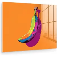 MuchoWow Glasschilderij 160x120 cm - Schilderij acrylglas - Felle kleuren - Banaan - popart - Foto op glas - Muurdecoratie woonkamer - Wanddecoratie slaapkamer - Schilderijen