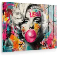 MuchoWow Glasschilderij 40x30 cm - Schilderij acrylglas - Vrouw - Kauwgom - Graffiti - Neonkleuren - Foto op glas - Muurdecoratie woonkamer - Wanddecoratie slaapkamer - Schilderijen