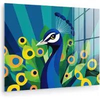 MuchoWow Glasschilderij 40x30 cm - Schilderij acrylglas - Pauw - Cirkels - Blauw - Foto op glas - Muurdecoratie woonkamer - Wanddecoratie slaapkamer - Schilderijen