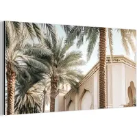 MuchoWow Aluminium schilderij 40x20 cm - Wanddecoratie metaal - Gebouw - Palmbomen - Beige - Zon - Metalen muurdecoratie woonkamer - Decoratie industrieel - Foto op dibond - Industriële accessoires slaapkamer