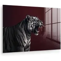 MuchoWow Glasschilderij 120x80 cm - Schilderij acrylglas - Tijger - Brult - Bordeaux - Foto op glas - Muurdecoratie woonkamer - Wanddecoratie slaapkamer - Schilderijen