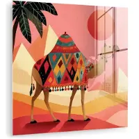 MuchoWow Glasschilderij 50x50 cm - Schilderij acrylglas - Kameel - Pyramides - Rode zon - Foto op glas - Muurdecoratie woonkamer - Wanddecoratie slaapkamer - Schilderijen