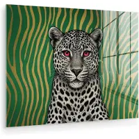MuchoWow Glasschilderij 40x30 cm - Schilderij acrylglas - Panter - Zebrapatroon - Groen - Foto op glas - Muurdecoratie woonkamer - Wanddecoratie slaapkamer - Schilderijen
