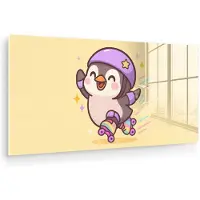 MuchoWow Glasschilderij 40x20 cm - Schilderij acrylglas - Pinguïn - Rolschaatsen - Geel - Energiek - Foto op glas - Muurdecoratie woonkamer - Wanddecoratie slaapkamer - Schilderijen