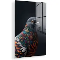MuchoWow Glasschilderij 60x90 cm - Schilderij acrylglas - Duif - Bloemen - Zwart - Foto op glas - Muurdecoratie woonkamer - Wanddecoratie slaapkamer - Schilderijen