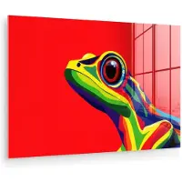MuchoWow Glasschilderij 150x100 cm - Schilderij acrylglas - Kikker - Kleurrijk - Strepen - Ogen - Foto op glas - Muurdecoratie woonkamer - Wanddecoratie slaapkamer - Schilderijen