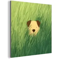 MuchoWow Aluminium schilderij 20x20 cm - Wanddecoratie metaal - Hondje - Gras - Oren - Bruin - Metalen muurdecoratie woonkamer - Decoratie industrieel - Foto op dibond - Industriële accessoires slaapkamer