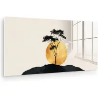 MuchoWow Glasschilderij 160x80 cm - Schilderij acrylglas - Zwarte boom - Gouden cirkel - Heuvel - Foto op glas - Muurdecoratie woonkamer - Wanddecoratie slaapkamer - Schilderijen