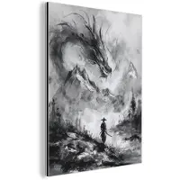 MuchoWow Aluminium schilderij 30x40 cm - Wanddecoratie metaal - Krijger - Draak - Grijs - Metalen muurdecoratie woonkamer - Decoratie industrieel - Foto op dibond - Industriële accessoires slaapkamer