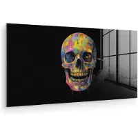 MuchoWow Glasschilderij 80x40 cm - Schilderij acrylglas - Penseelstreken - Schedel - Kleurrijk - Abstract - Foto op glas - Muurdecoratie woonkamer - Wanddecoratie slaapkamer - Schilderijen