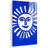 MuchoWow Glasschilderij 20x30 cm - Schilderij acrylglas - Zon - Gezicht - Penseelstructuur - Blauw - Foto op glas - Muurdecoratie woonkamer - Wanddecoratie slaapkamer - Schilderijen