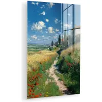 MuchoWow Glasschilderij 40x60 cm - Schilderij acrylglas - Zandpad - Huis - Bomen - Grasveld - Foto op glas - Muurdecoratie woonkamer - Wanddecoratie slaapkamer - Schilderijen