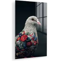 MuchoWow Glasschilderij 120x180 cm - Schilderij acrylglas - Duif - Bloemen - Wit - Zwart - Foto op glas - Muurdecoratie woonkamer - Wanddecoratie slaapkamer - Schilderijen