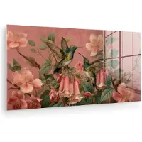 MuchoWow Glasschilderij 80x40 cm - Schilderij acrylglas - Kolibries - Bloemen - Groen - Roze - Foto op glas - Muurdecoratie woonkamer - Wanddecoratie slaapkamer - Schilderijen