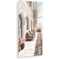 MuchoWow Glasschilderij 80x160 cm - Schilderij acrylglas - Terras - Stoelen - Strand - Beige - Foto op glas - Muurdecoratie woonkamer - Wanddecoratie slaapkamer - Schilderijen