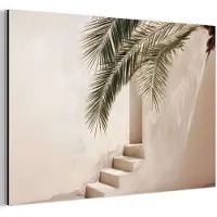 MuchoWow Aluminium schilderij 60x40 cm - Wanddecoratie metaal - Palmboom - Schaduw - Trap - Beige - Metalen muurdecoratie woonkamer - Decoratie industrieel - Foto op dibond - Industriële accessoires slaapkamer
