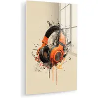 MuchoWow Glasschilderij 20x30 cm - Schilderij acrylglas - Koptelefoon - Oranje - Explosief - Foto op glas - Muurdecoratie woonkamer - Wanddecoratie slaapkamer - Schilderijen
