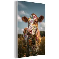 MuchoWow Aluminium schilderij 20x30 cm - Wanddecoratie metaal - Koe - Bloemen - Weiland - Metalen muurdecoratie woonkamer - Decoratie industrieel - Foto op dibond - Industriële accessoires slaapkamer