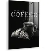MuchoWow Glasschilderij 90x120 cm - Schilderij acrylglas - Koffie - Croissant - Tekst - Foto op glas - Muurdecoratie woonkamer - Wanddecoratie slaapkamer - Schilderijen