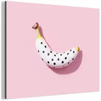 MuchoWow Aluminium schilderij 40x30 cm - Wanddecoratie metaal - Banaan - Stippen - roze - Metalen muurdecoratie woonkamer - Decoratie industrieel - Foto op dibond - Industriële accessoires slaapkamer