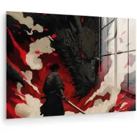 MuchoWow Glasschilderij 90x60 cm - Schilderij acrylglas - Krijger - Draak - Zwart - Rood - Rook - Foto op glas - Muurdecoratie woonkamer - Wanddecoratie slaapkamer - Schilderijen