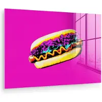 MuchoWow Glasschilderij 120x80 cm - Schilderij acrylglas - Hotdog - Roze - Retro - Foto op glas - Muurdecoratie woonkamer - Wanddecoratie slaapkamer - Schilderijen