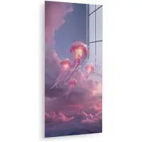 MuchoWow Glasschilderij 80x160 cm - Schilderij acrylglas - Kwallen - Roze - Wolken - Foto op glas - Muurdecoratie woonkamer - Wanddecoratie slaapkamer - Schilderijen