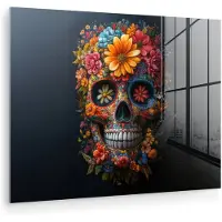 MuchoWow Glasschilderij 120x90 cm - Schilderij acrylglas - Bloemen - Kleurrijk - Schedel - Foto op glas - Muurdecoratie woonkamer - Wanddecoratie slaapkamer - Schilderijen
