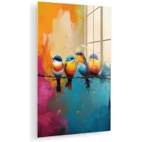 MuchoWow Glasschilderij 120x180 cm - Schilderij acrylglas - Vogels - Kleurrijk - Tak - Abstract - Foto op glas - Muurdecoratie woonkamer - Wanddecoratie slaapkamer - Schilderijen