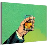 MuchoWow Aluminium schilderij 180x120 cm - Wanddecoratie metaal - Whisky - Glas - Hand - Groen - Metalen muurdecoratie woonkamer - Decoratie industrieel - Foto op dibond - Industriële accessoires slaapkamer