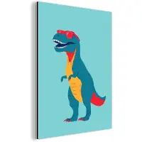 MuchoWow Aluminium schilderij 90x120 cm - Wanddecoratie metaal - Dinosaurus - Blauw - Zonnebril - Metalen muurdecoratie woonkamer - Decoratie industrieel - Foto op dibond - Industriële accessoires slaapkamer