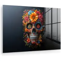 MuchoWow Glasschilderij 180x120 cm - Schilderij acrylglas - Bloemen - Kleurrijk - Schedel - Foto op glas - Muurdecoratie woonkamer - Wanddecoratie slaapkamer - Schilderijen