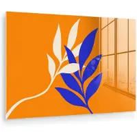 MuchoWow Glasschilderij 180x120 cm - Schilderij acrylglas - Takken - Bladeren - Minimalistisch - Blauw - Foto op glas - Muurdecoratie woonkamer - Wanddecoratie slaapkamer - Schilderijen