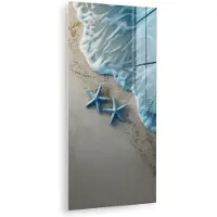 MuchoWow Glasschilderij 20x40 cm - Schilderij acrylglas - Zeesterren - Zand - Zee - Blauw - Foto op glas - Muurdecoratie woonkamer - Wanddecoratie slaapkamer - Schilderijen