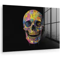 MuchoWow Glasschilderij 90x60 cm - Schilderij acrylglas - Penseelstreken - Schedel - Kleurrijk - Abstract - Foto op glas - Muurdecoratie woonkamer - Wanddecoratie slaapkamer - Schilderijen