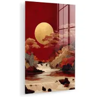 MuchoWow Glasschilderij 60x90 cm - Schilderij acrylglas - Volle maan - Landschap - Waterval - Foto op glas - Muurdecoratie woonkamer - Wanddecoratie slaapkamer - Schilderijen